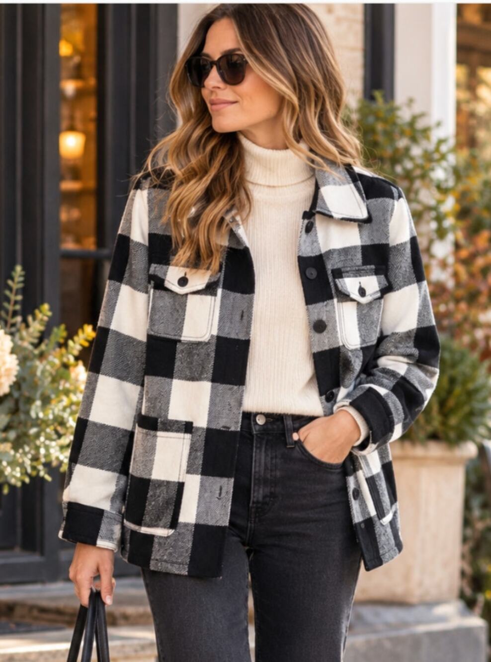 Talbots Petite Buffalo Plaid Wool Blend Field Jacket Black White MP